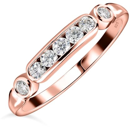 TJC Moissanite Half Eternity Ring for Women 925 Sterling Silver 7 Stone Band, Engagement Promise Wedding Ring, Silver Rings for Women with Platinum, Yellow & Rose Gold Vermeil Ladies Jewellery Gift