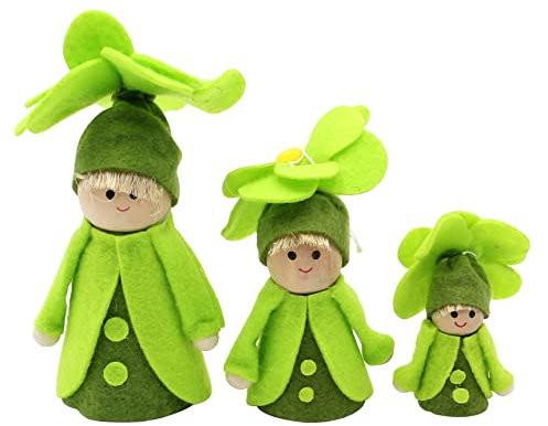 Dekohelden24 3er Set Filz-Püppchen zum Hinstellen oder Aufhängen, mit grüner Kutte und Blumen-Hut, 3 unterschiedliche Größen von 6 bis 12 cm