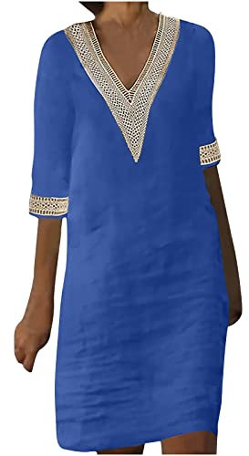 Cotton Linen Dress for Women UK Summer Casual Dress Crochet Lace Party Short Sleeve Solid Midi Length Party Solid Lace Plus Size Shirt Ladies Vacation Blue 3XL