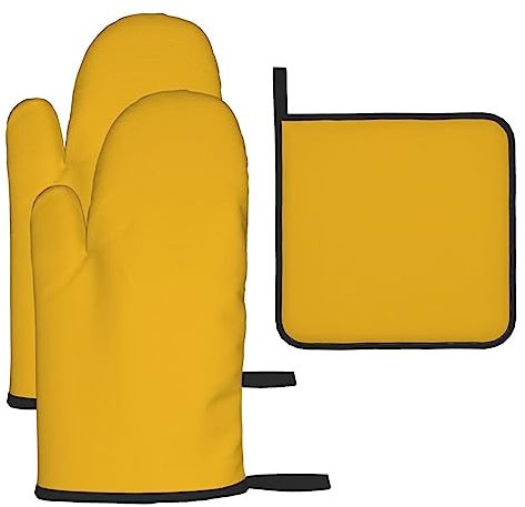 Mustard Yellow Oven Gloves Pot Holder Set 3 Pieces, Kitchen Cooking Baking Grilling Heat Insulation Non-Slip Oven Gloves and Mats Set