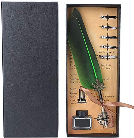 Feder-Feder-Tauchstift-Set, Vintage-Feder-Feder-Brunnen-Schreibstift, Kalligraphie-Tinte, Feder-Tauchstift, Vintage-Briefpapier, Geschenkbox mit 1 Tintenflasche, 5 Federn, 1 (Grün)