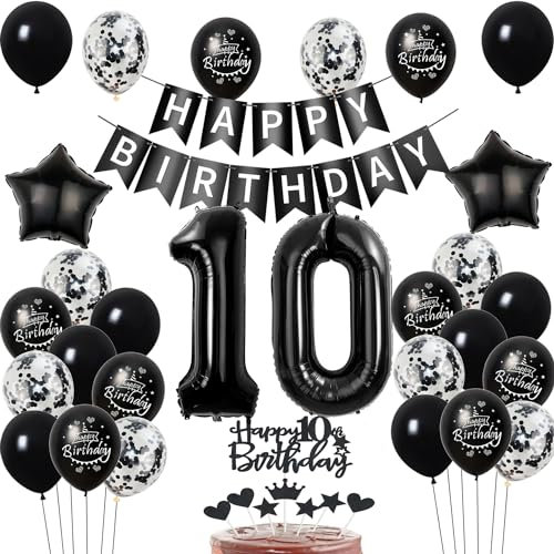 Luftballons 10. Geburtstag Dekoration - Schwarz Tortendeko für Junge und Mädchen - Geburtstagsdeko 10 Jahre