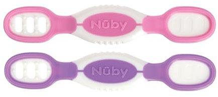 Nuby Dip & Scoop Spoons - (2-Pack) Baby Led Weaning Spoons for Babies - 6+ Months - Purple and Pink