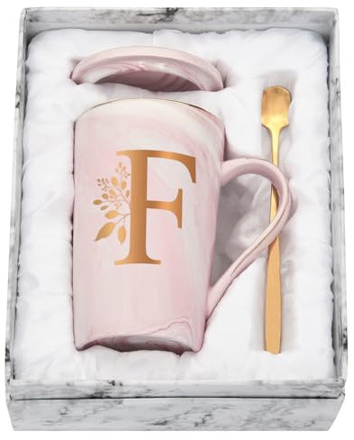 Joymaking Personalisierte Tasse mit Buchstaben Kaffeetasse mit Blumen Motiv, Namen Initiale persönliche Geschenke Kaffeetasse für Frauen Freundin, F - 400ml Rosa