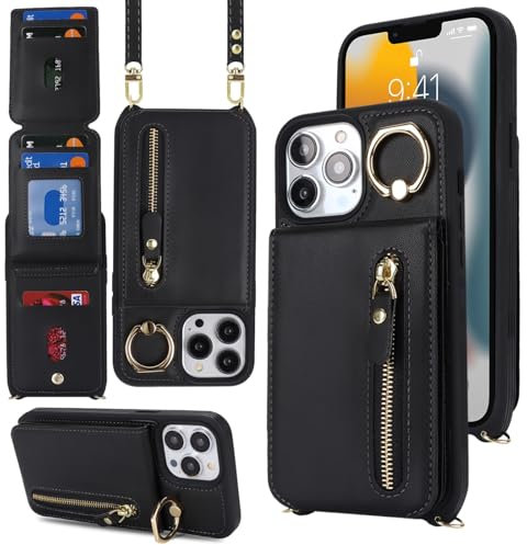 Zouzt for iPhone 13 Pro Max Case with Card Holder and Strap, iPhone 12 Pro Max Wallet Case with 7 Card Slot PU Leather Zipper Crossbody Lanyard with Adjustable Necklace Ring Cover 6.7 - Black