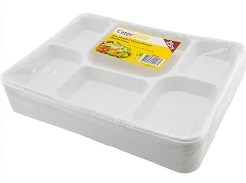 Thali Outlet - 100 x 6 Compartment Reusable White Punjabi Plastic Thali Food Trays 12 x 9 - Dinner Plates for Indian Events