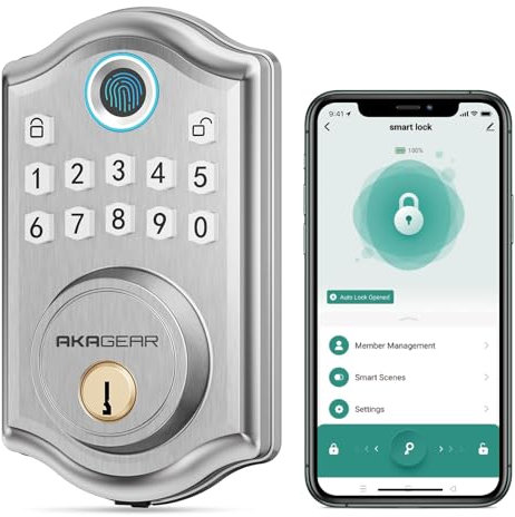 AKAGEAR DS10 Pro Keyless Entry Door Lock with APP Control - Fingerprint Door Lock, Keypad Deadbolt Lock, Smart Locks for Front Door, Auto-Lock & One Touch Locking with Bluetooth - Satin Nickel