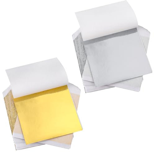 Yamitora 200 Blatt Blattgold Papier, Silberfolienpapier Blattgold, Gold Folienblätter für Lebensmittel, Kuchen, Nägel, Bastelarbeiten, Dekorationen (8,5 X 7,8 cm)