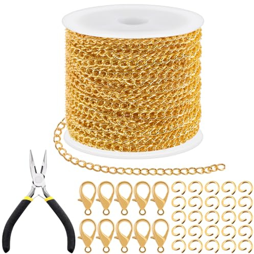 Tanstic 102Pcs 30 Fuß Schmuckherstellung Ketten Halskette Ketten Bulk Kabel Link Kette mit 50Pcs Jump Rings, 50Pcs Lobster Clasps, Zangen für Armband Halskette Making (Gold)