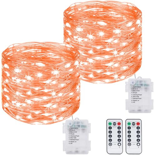 kolpop 2 Stück Lichterkette Batterie, 12M 120 LED 8 Modi Draht mit Fernbedienung und Timer Wasserdicht für Außen Innen Weihnachtsbaum Deko, Orange