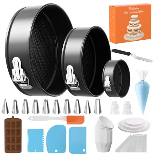 131Pcs Springform Pan Cake Pan Sets for Baking Non-Stick Cake Decorating Kit (4, 7, 9 Inch), Piping Bags and Tips Cheesecake Bakeware Baking Tools Parchment Paper & Manual