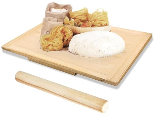 Paluplus Set Spianatoia con Mattarello in Legno, Asse da 80x48 cm e mattarello da 38 cm, stendipasta con gradino antiscivolo, rullo senza manici, accessori cucina, Made Italy -499A/721