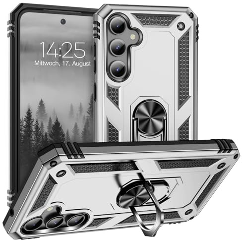 LBH Outdoor Hülle für Samsung Galaxy S23 FE Armor Militär Stoßfest Handyhülle 360 Grad Metal Ring Halter Ständer Schutzhülle für Handyhalterung Auto Magnet Silber