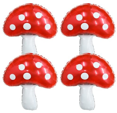 4 Stück Pilz Ballon, 77 * 55cm Folienballon Ballons Pilz Kinder Geburtstag Luftballons Pilze Deko Geburtstag Fliegenpilz Deko Luftballons für Geburtstagsfeier, WaldThemenparty, Parkparty