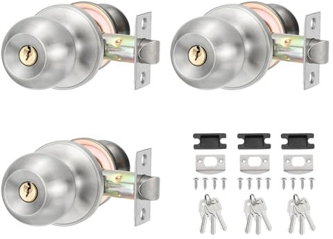 PATIKIL Round Key Entry Door Knobs Interior, 3 Pack Round Stainless Steel Bedroom Bathroom Door Knob with Lock Entry Indoor Outdoor Door, Silver