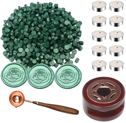 Wax Sealing Beads Kit, Atopbb 300pcs Pine Green Wax Seal Beads, 1pcs Wooden WaxSeal Warmer, 1pcs Melted Spoon and 10pcs Tea Candles for WaxSealing Stamp Kit (Pine Green)