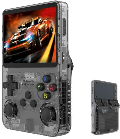 r36s - Consola de videojuegos portátil integrada con 15000 juegos clásicos, pantalla IPS HD de 3.5 pulgadas, 8 horas de espera recargable, con tarjeta TF de 64 G (negro)