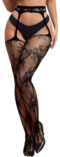 ohmydear Collant Femme Sexy Grande Taille Bas pour Porte-jarretelles Ouvert à l'Entrejambe Bas noir Haute Élastique Floral Dentelle Porte-Jarretelle Intégré