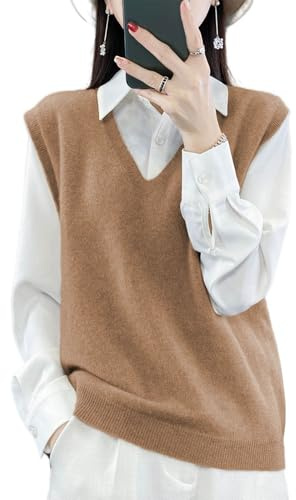 Ailaile Damen V-Ausschnitt Strickpullover Weste 100% Merinowolle Leicht Ärmellos Pullover Basic Weste Kurze Tops