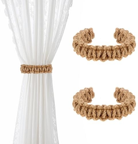 Lot de 2 embrasses de rideaux tressées de style bohème rustique et flexible en toile de jute élégante pour la maison, l'extérieur, la chambre à coucher, le bureau