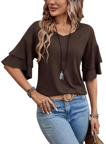 Sialois Women V Neck 3/4 Sleeve Shirt Spring Summer Tops Ruffle Dresses Half Bell Fall Beach Vacation Clothe Blouses Fashion Trendy Tshirt Cute Tunic School Teacher Tee 2026,Coffee Brown,Large