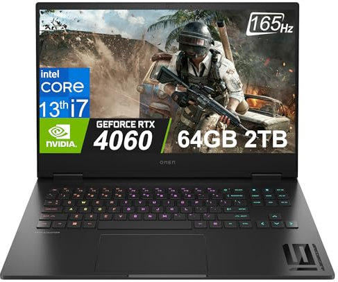 Ordinateur portable de jeu HP OMEN 16 (16,1 FHD 165 Hz, Intel 13e génération Core i7-13620H, 64 Go de RAM DDR5, 2 To SSD, NVIDIA Geforce RTX 4060 8 Go) rétroéclairage RVB, Webcam 1080p, B&O, Wi-Fi 6E