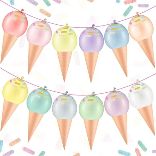 2 Stück Eiscreme Banner, Eiscreme Girlande Set mit Eistüte Packpapier, Konfetti, Doppelseitiges Klebeband, Latex Ballon Rund, Ballonband, Eiscreme Geburtstagsdeko für Kinder DIY Sommerparty Deko (B)