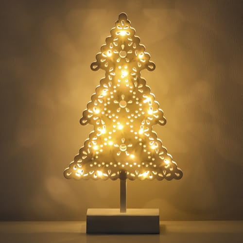 Lewondr Lampada da Tavolo, Lampada LED a Forma di Albero di Natale Decorazione di Natale Interni, Luce a Batteria Lampada da Scrivania in Metallo per Casa Matrimonio Ramadan, Bianco