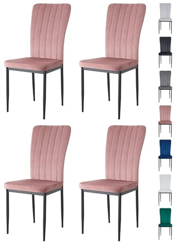 mcc direct Set of 4 Dining Chairs, Velvet High Back Kitchen Chairs with Upholstered Soft Seat and Metal Legs for Home, Office, Dining and Reception - Elle (Pink)