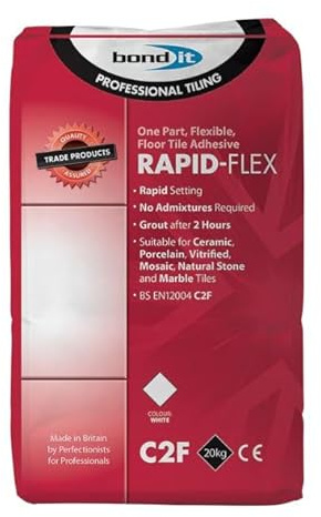 Bond It Rapid-Flex Tile Adhesive 20kg White Fast Setting Flexible Cement Based Adhesive for Walls & Floors Grout Ready in 2 Hours For Ceramic & Stone Tiles