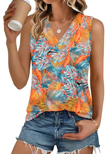 PLOKNRD Womens V Neck Summer Sleeveless Tank Top Colored Leaf L