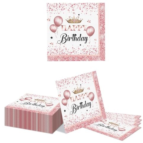 Kotkiddy 40 Stück Rosegold Geburtstag Servietten 33 x 33 cm Rosa Party Tischdekoration für Gartenparty Hochzeitsfeiern Kindergeburtstag Jungen Mädchen