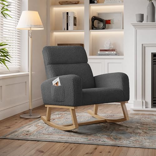 HYNHXBP Fauteuil à Bascule, Fauteuil à Bascule avec Poches latérales, Pieds en Bois Massif, Fauteuil de Salon, Convient pour Le Salon et la Chambre (Gris foncé)