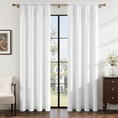 MRTREES Leinen Vorhang Weiß 2er Set mit Stangendurchzug,H225 x B140 cm | Gardinen Halbtransparent,Elegante Fensterdekoration für Wohnzimmer und Schlafzimmer,Natural Boho Landhaus