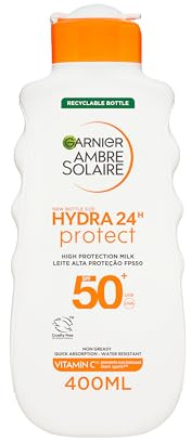 Garnier Ambre Solaire Sun Cream SPF 50+ Hydra 24H Protect Lotion 400ml | With Vitamin E, Up To 24H Hydration, Non Greasy Fast Absorption, Water Resistant, Cruelty-Free, 400ml