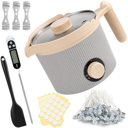 Yaskyly Candle Wax Melter 1.5L Electric Wax Melting Pot with Thermometer & Stirring Spoon, DIY Candle Making Kit with 100 Wicks & Centering Devices, Soy Beeswax Soap Melter