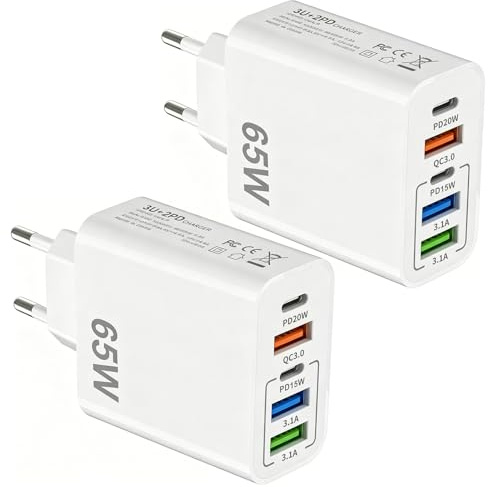 2Pcs Chargeur USB C 65W, 5 Ports Chargeur Rapide USB | 2 USB C PD + 2 USB A + QC3.0 Prise USB Multiple pour iPhone 17 16 15 14 13 12 11 Pro Max pour Samsung Galaxy Xiaomi Huawei