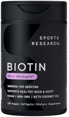 Sports Research® Biotin 5,000mcg with Organic Coconut Oil - Biotin (Vitamin B7) for Healthy Skin and Hair Support* - for Women and Men - Vegan, Non-GMO, Gluten & Soy-Free - 120 Veggie Softgels