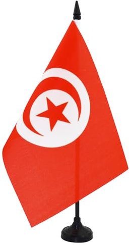 AZ FLAG - Drapeau De Table Tunisie 21x14 cm - Petit Drapeau Tunisien De Bureau 100% Polyester Avec Hampe De 25cm Et Socle En Plastique Noir
