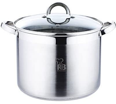 RENBERG Alexander | Acero Inoxidable | Batería de Cocina | Fondo Encapsulado de 5 Capas | Olla de Cocina Alta de 26x19 cm y 9,5 Litros con Tapa de Cristal