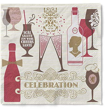 Sovie HORECA Serviette CELEBRATION in Champagner-Bordeaux aus 3-lagigem Tissue, 33 x 33 cm, 100 Stück, Design mit Sektgläsern, Weingläsern, Flaschen & Ornamenten – ideal für Feiern & Events