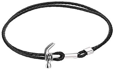 JewelryWe Schmuck Herren Lederarmband Gotik Totenkopf Schädel Hammer Kordelkette Armband Edelstahl Leder Echtleder Armreif Schwarz Silber