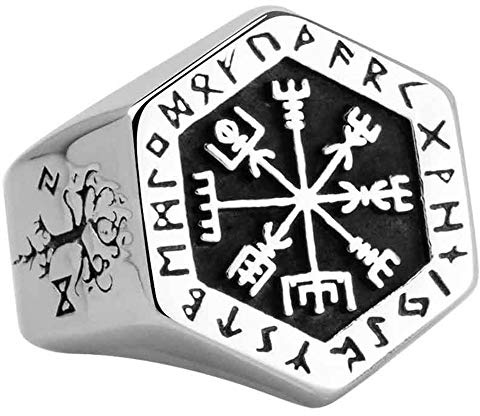 Titanium Stainless Steel Vegvisir Compass Ring with Viking Runes Punk Nordic Valknut and Tree of Life Symbols Ring for Men Women Size N 1/2-Z+5
