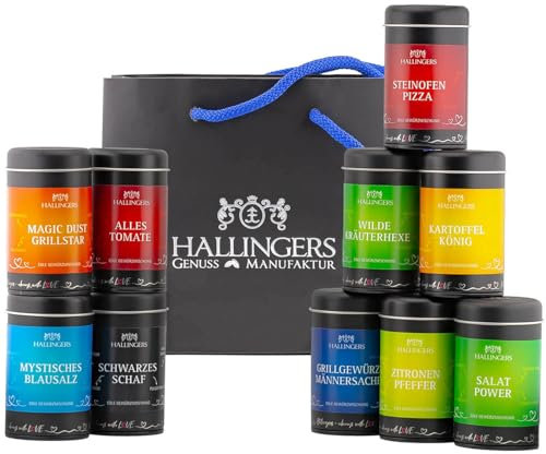 Hallingers Best of Hallingers - Großes Gourmet Gewürze Geschenkset mit 10 Gewürzen (Bag) - Geschenk im Sommer & als perfektes Grillgeschenk | Geburtstag Glückwunsch Neues Zuhause Jahrestag Freundschaf
