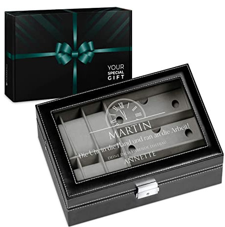 Maverton Uhrenbox mit Gravur für 6 Uhren & 3 Brillen - 33x20x8cm - Uhrenkasten aus Kunstleder - Schwarz - Geschenk für Männer - Uhr