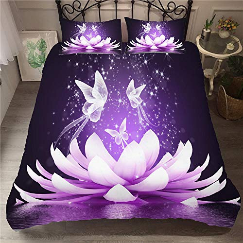 QRTQ Violet Housse de Couette 240x260cm Lotus Papillon Motif Parure de Lit en Microfibre Housse de Couette avec la Fermeture Eclaire avec 2 Taies D'oreillers
