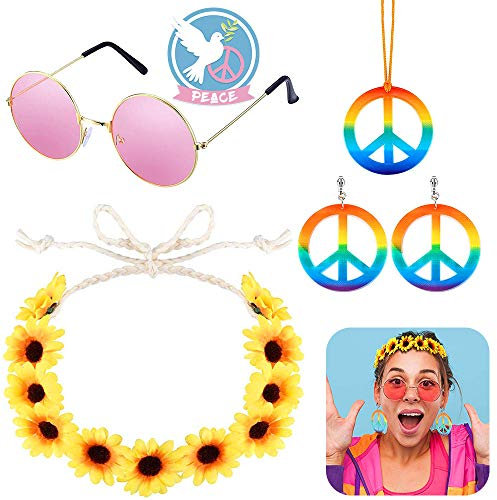 XCOZU Hippie Accessoires Kit: Rosa Retro Runde Sonnenbrille, Regenbogen Peace Kette, Hippie Ohrringe und Blumenhaarband für Damen und Herren, 70er Jahre Accessoires für Themenpartys