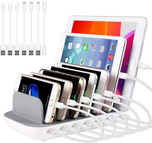 PRITEK USB Ladestation 60W/12A 7 Anschlüsse Desktop Ladestation für Mehrere Geräte mit 6 Ai USB Anschlüssen + 1 USB-C Anschluss mit 7pcs Kurz USB-Kabel (weiß)