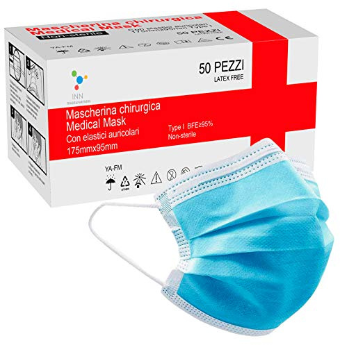 INN 50 Mascherine Chirurgiche Monouso Filtranti in TNT 3 Strati Protettivi Viso