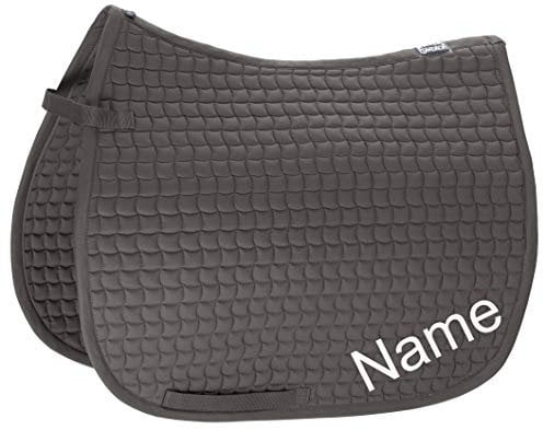 Eskadron Grey Cotton Dressur-Schabracke mit individuellem Namen Bestickt, Schriftart:Arial (Druckschrift), Garnfarbe Maderia:Black 1800